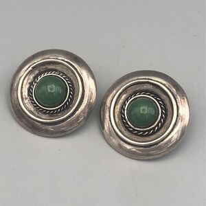 Vintage Sterling Silver Round Disc Earrings with Green Aventurine Clip Ons